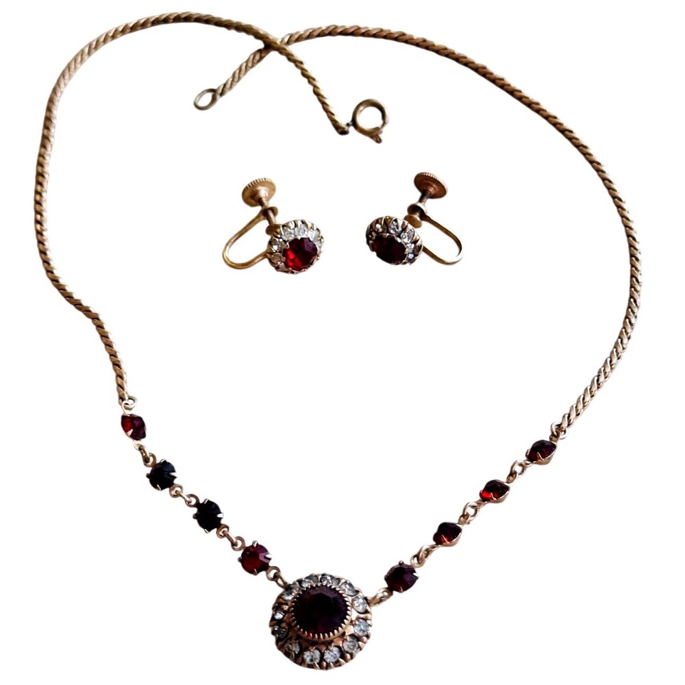 Vtg Estate Art Deco Earrings Necklace Matching set Jewels red Rhinestone Regency